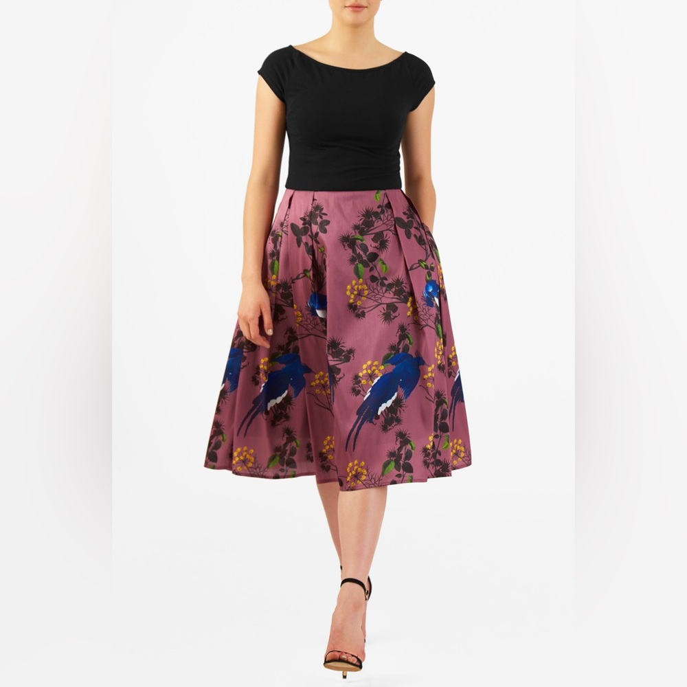 eShakti Tropical Bird & Floral Print Dupioni Midi Skirt Plum Multi Size S (4)